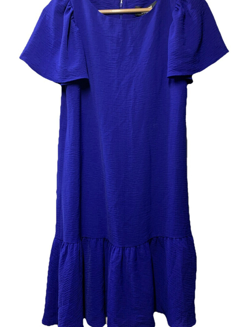 DKNY Shift Midi Dress Ruffle Short Flutter Sleeve Royal Blue SZ 2 Flowy DD1A759A